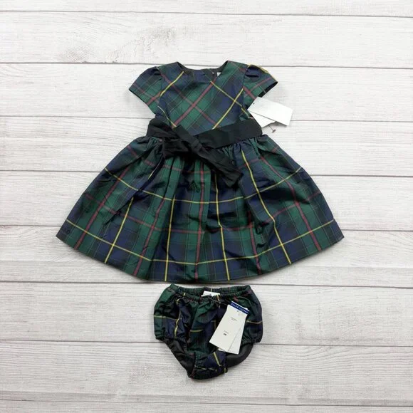 Ralph Lauren Girls Tartan Plaid Dress Set Puff Sleeve Bloomers NWT 6-9 Months - Picture 1 of 3